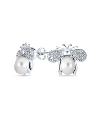 Vintage Art Deco CZ Stud Earrings with Jade and Pearl Bumble Bee Design