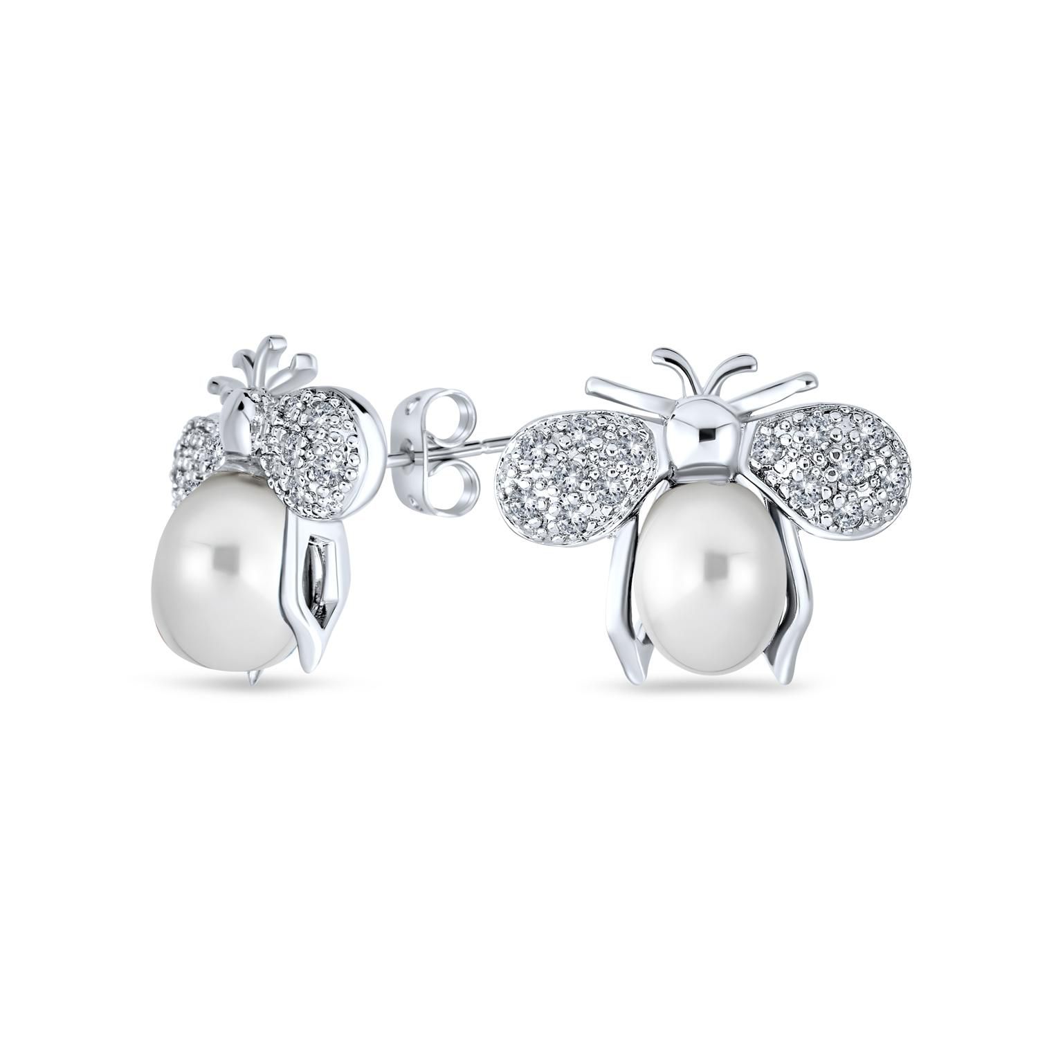 CZ Freshwater Pearls Bumble Bee Stud Silver Plated Accent