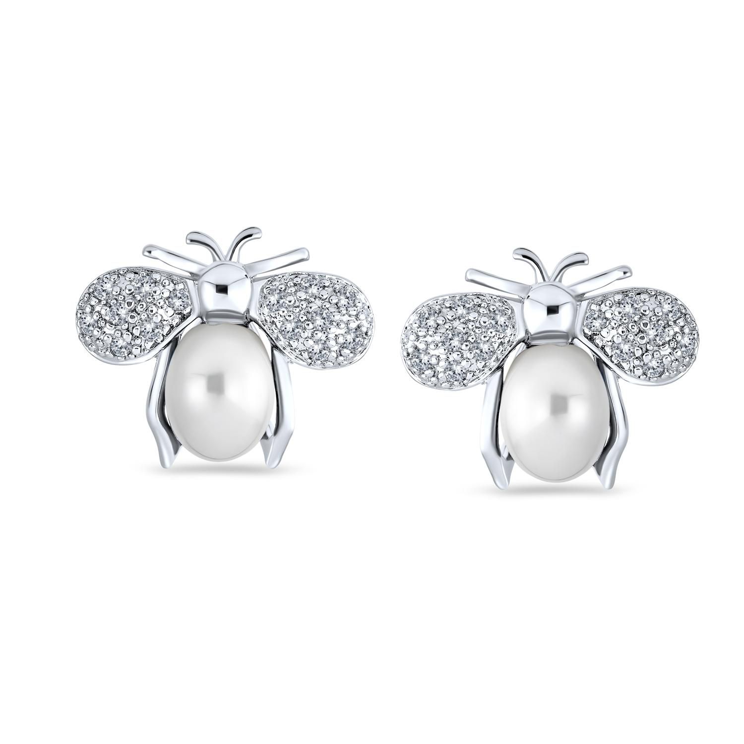 CZ Freshwater Pearls Bumble Bee Stud Silver Plated Accent