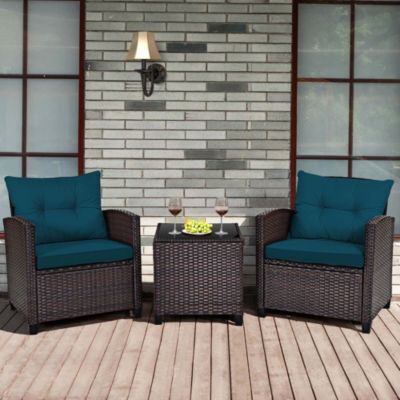 3 Piece Rattan Patio Furniture Set with Cushions, Outdoor Conversation Sofa Set