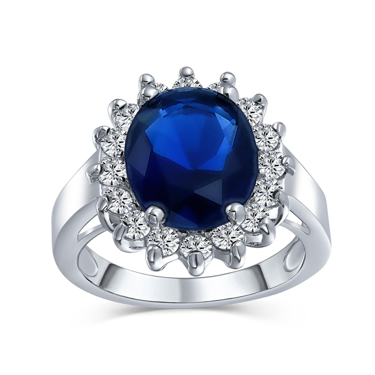 Classic 5CT Crown Halo Sapphire Blue CZ Promise Ring Silver Plated