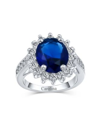 Classic Traditional 5CTW Royal Blue CZ Crown Halo Oval Cubic Zirconia Side Stones Promise Ring Silver Plated