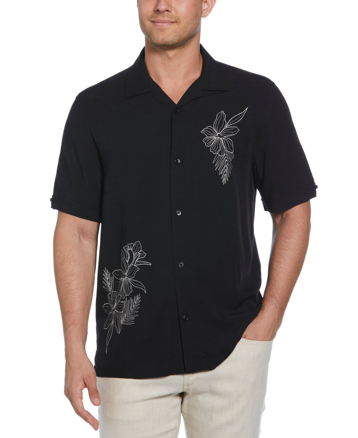 Men's Short Sleeve Embroidered Floral Button-Front Camp Shirt - Jet Black