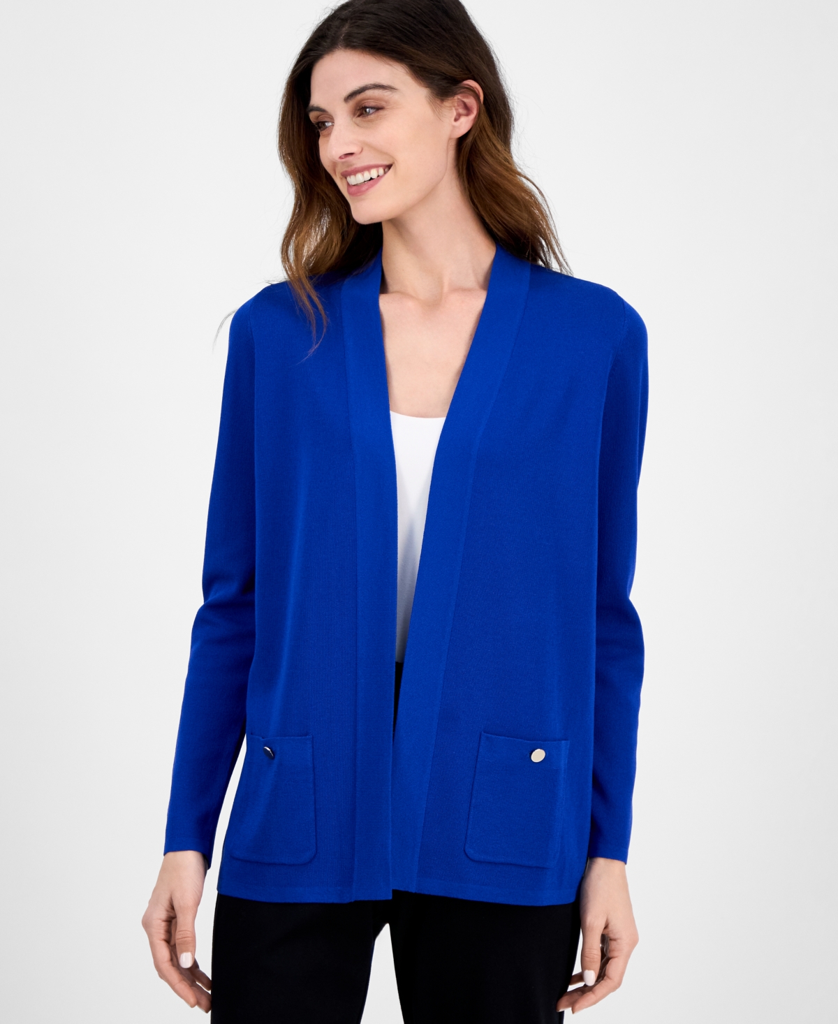 Shop Anne Klein Petite Malibu Fine-rib Open-front Cardigan In Santorini Blue