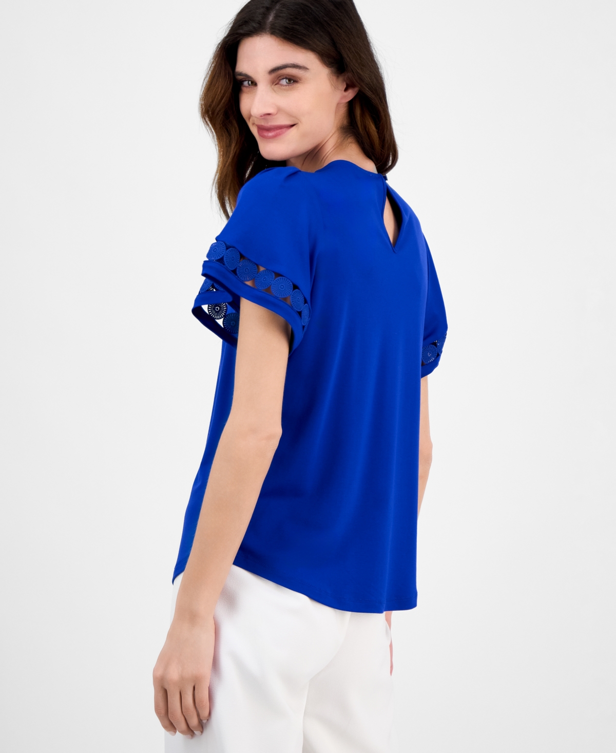 Anne Klein Harmony Pleated Neck Top In Santorini Blue