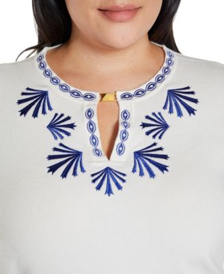 Plus Size Black Label Embroidered Split-Neck Sweater