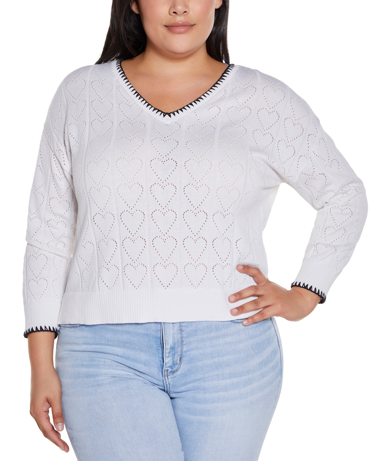 BELLDINI PLUS SIZE HEART POINTELLE PULLOVER SWEATER 