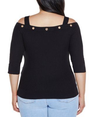 Plus Size Black Label  Rhinestone Grommet Cold-Shoulder Sweater