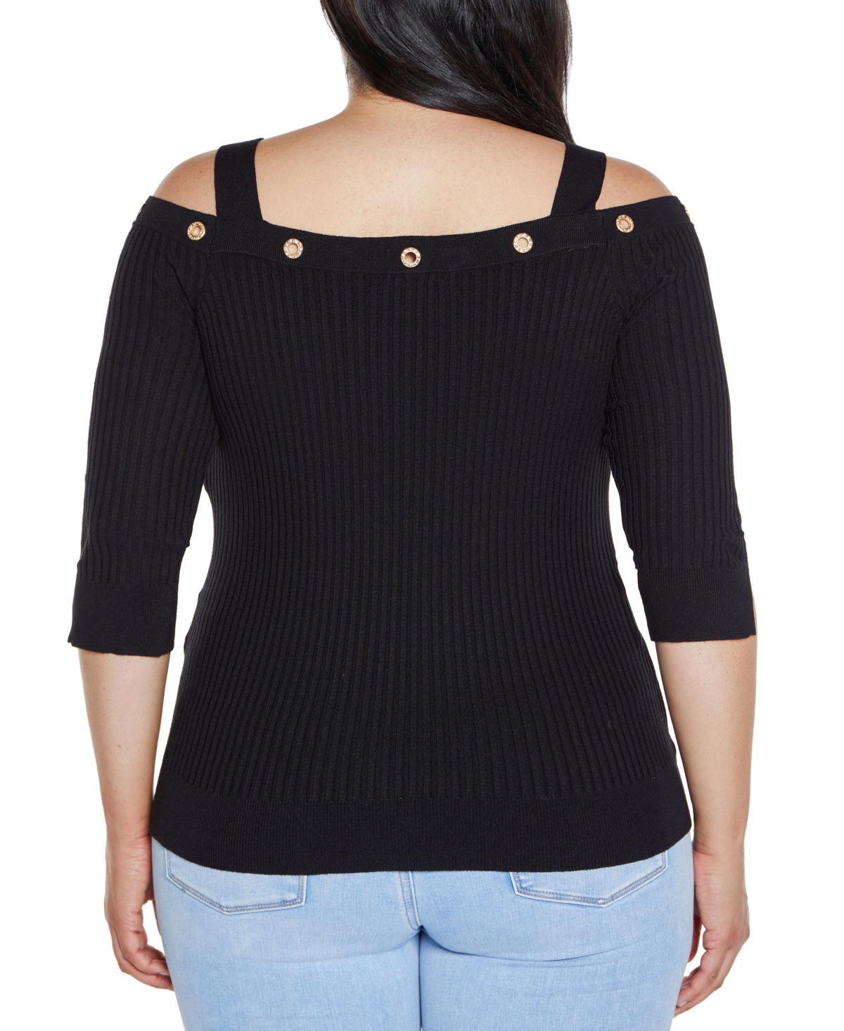 BELLDINI PLUS SIZE BLACK LABEL RHINESTONE GROMMET COLD-SHOULDER SWEATER 