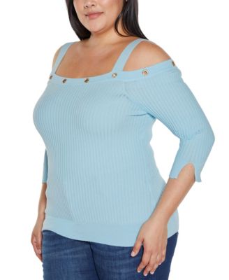 Plus Size Black Label  Rhinestone Grommet Cold-Shoulder Sweater