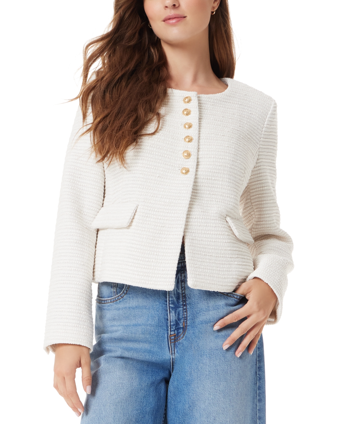 Shop Sam Edelman Women's Olive Collarless Boucle Jacket In Gardenia