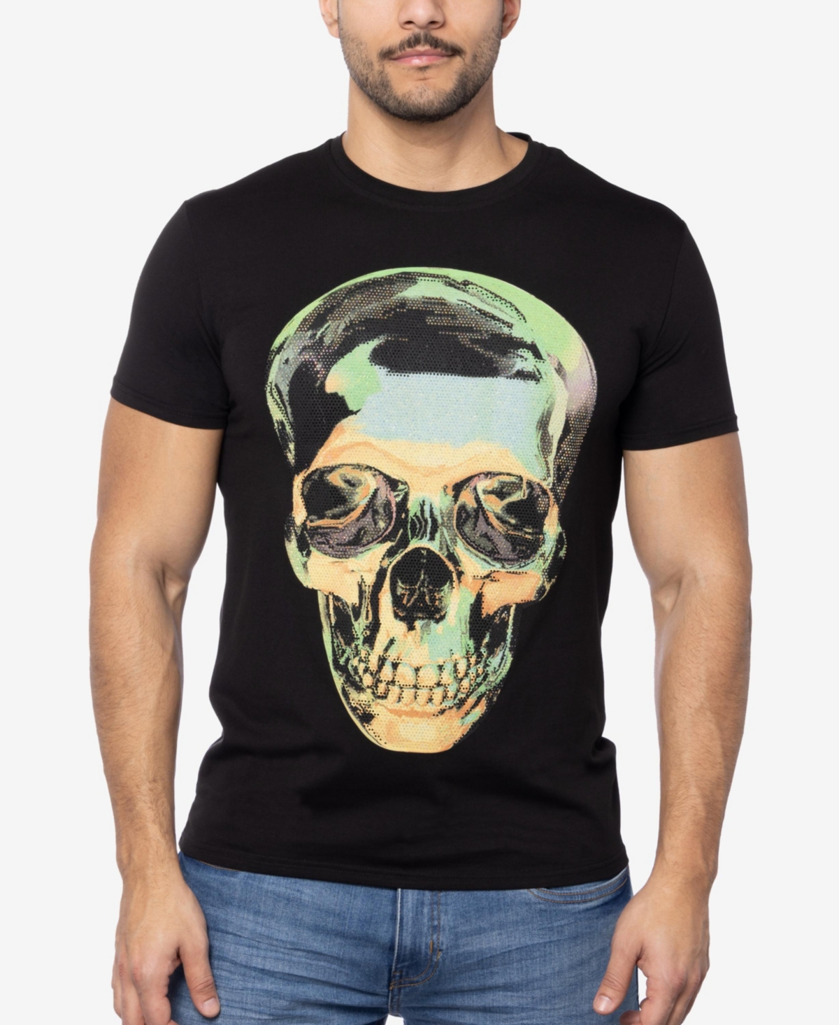 Men's Tie Dye Skull Rhinestone Graphic T-Shirts - Black