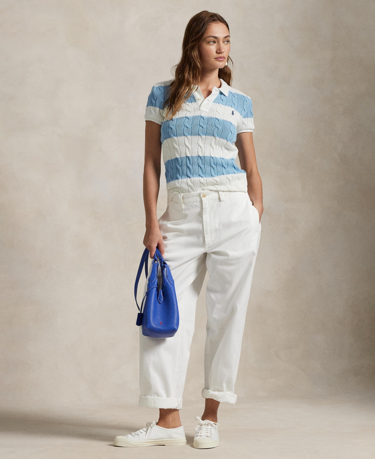 Polo Ralph Lauren Women's Slim-fit Cable-knit Polo Shirt In White,carolina Blue