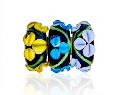 Mixed Sterling Silver Core Murano Glass Charm Bead with Black Flower Bracelets