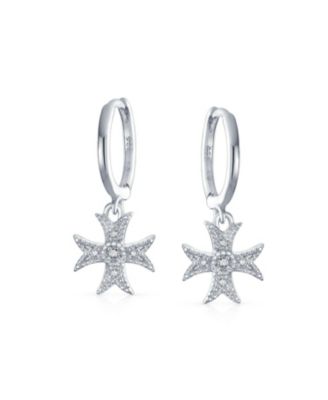 Pave CZ Dangle Chandelier Earrings with Masonic Knight Templar Cross Charms Silver