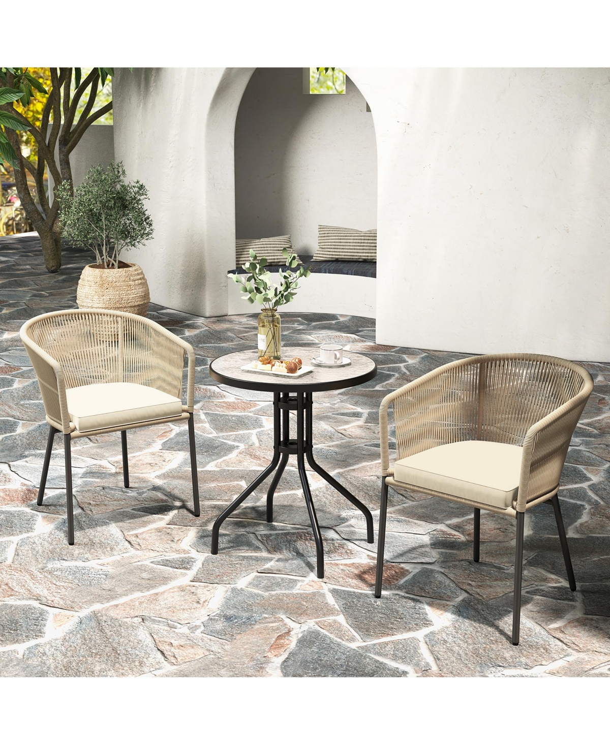 Gymax Patio Chairs Set of 4 Upholstered Accent Chairs w/ Curved Backrest Seat Cushion