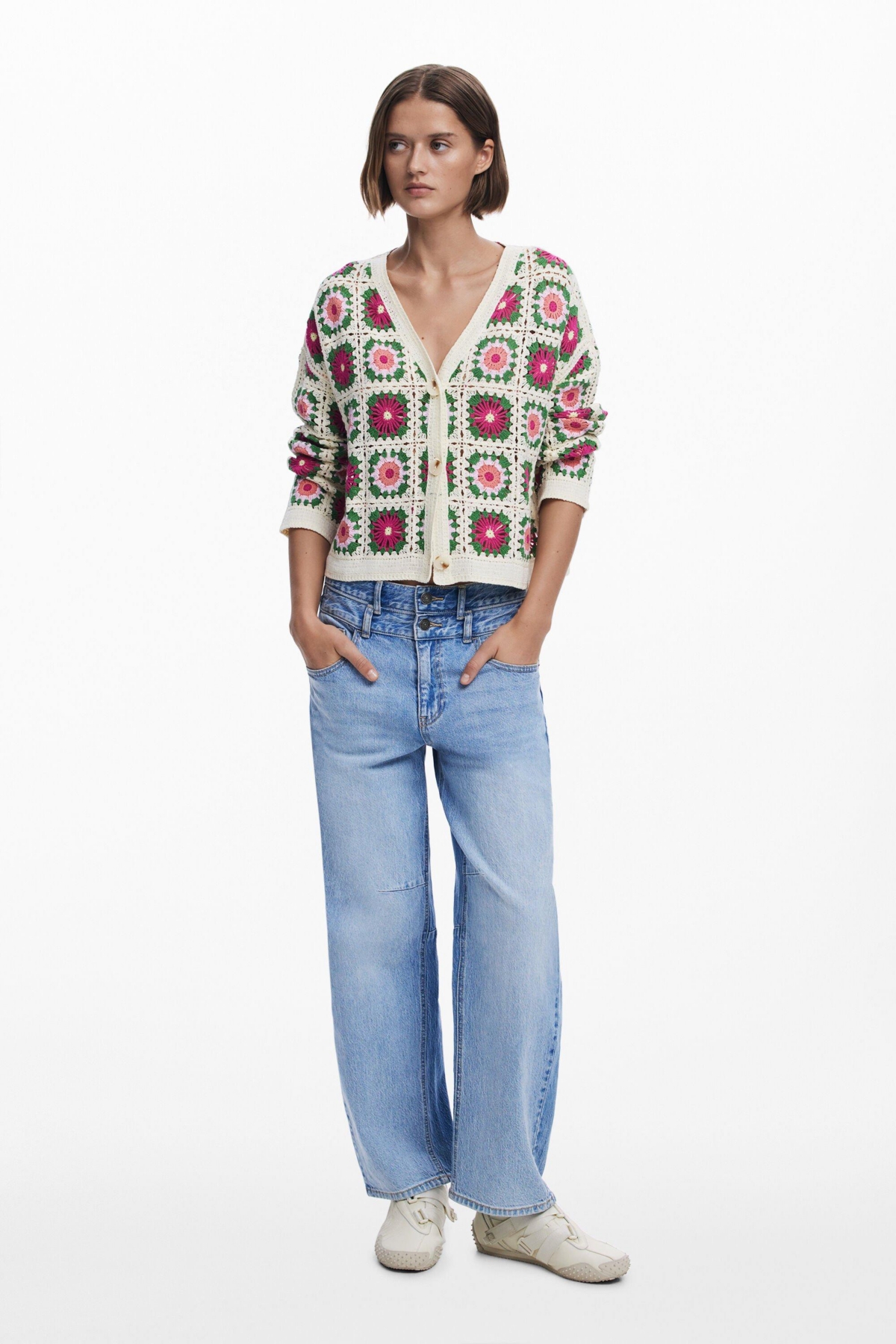 Desigual Cotton Blend Crochet Cardigan In White