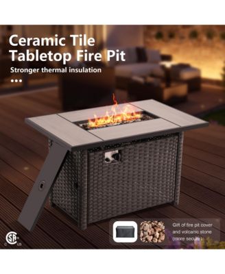 Outdoor Swivel Rocking Chairs Set, Patio Furniture Set with 50,000 BTU Rectangular Propane Fire Pit Table, 7 Pieces High Back Conversation Sofa and Side Table