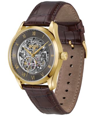 Men's Principle Skeleton Mech-Automatic Brown Calfskin Watch, 41mm
