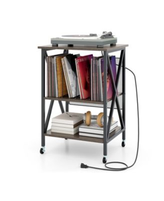 Mid-Century Record Player Stand with Charging Station and Storage Shelves