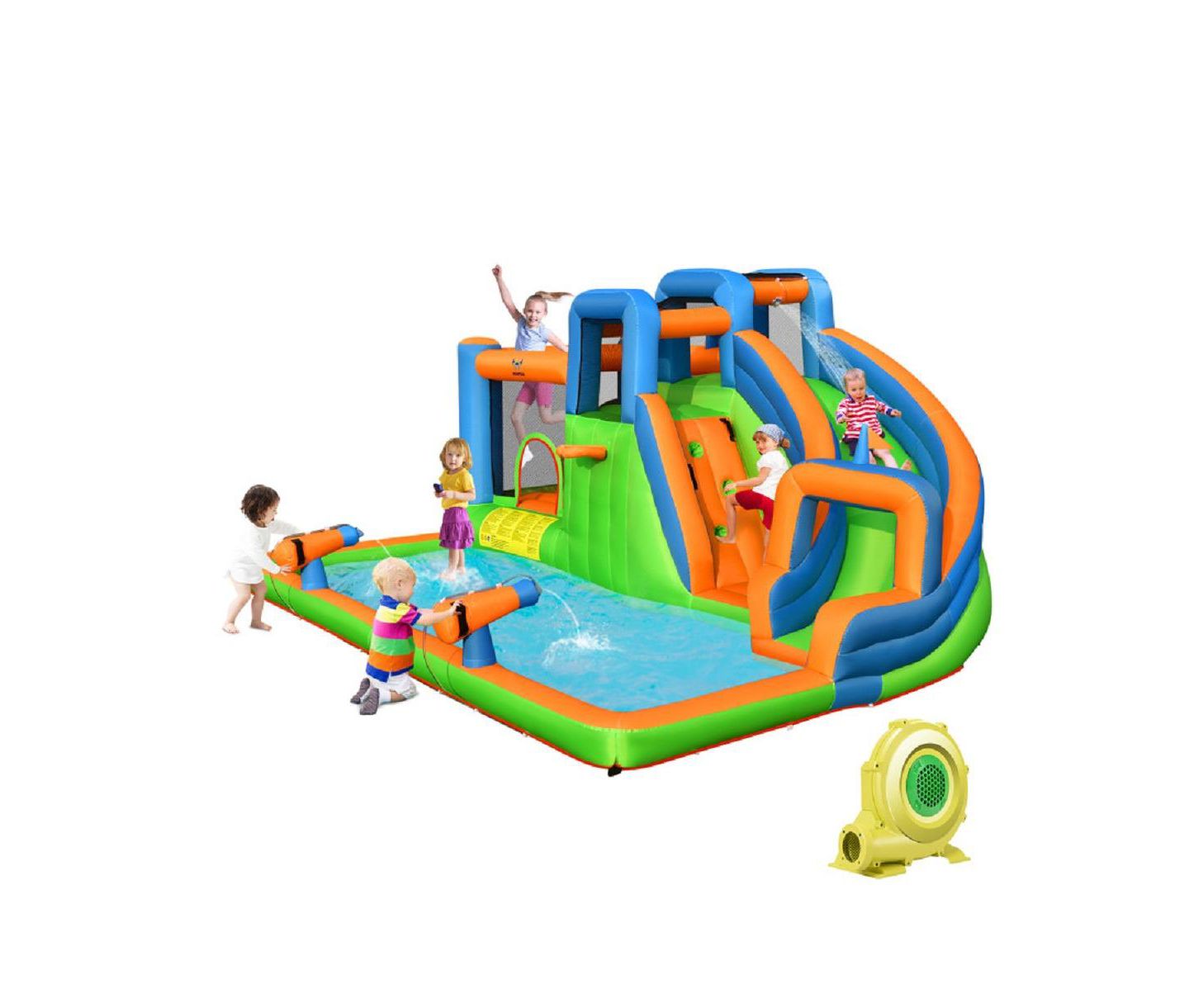 Детская игрушка Slickblue 7-in-1 Inflatable Giant Water Park Bouncer with Dual Climbing Walls and 735W Blower, цвет: Зелёный — фото 1