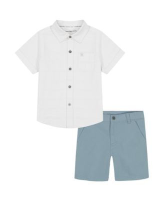 Toddler and Little Boys 2-Piece Textured Dobby Button Front Shirt and Twill Shorts Set