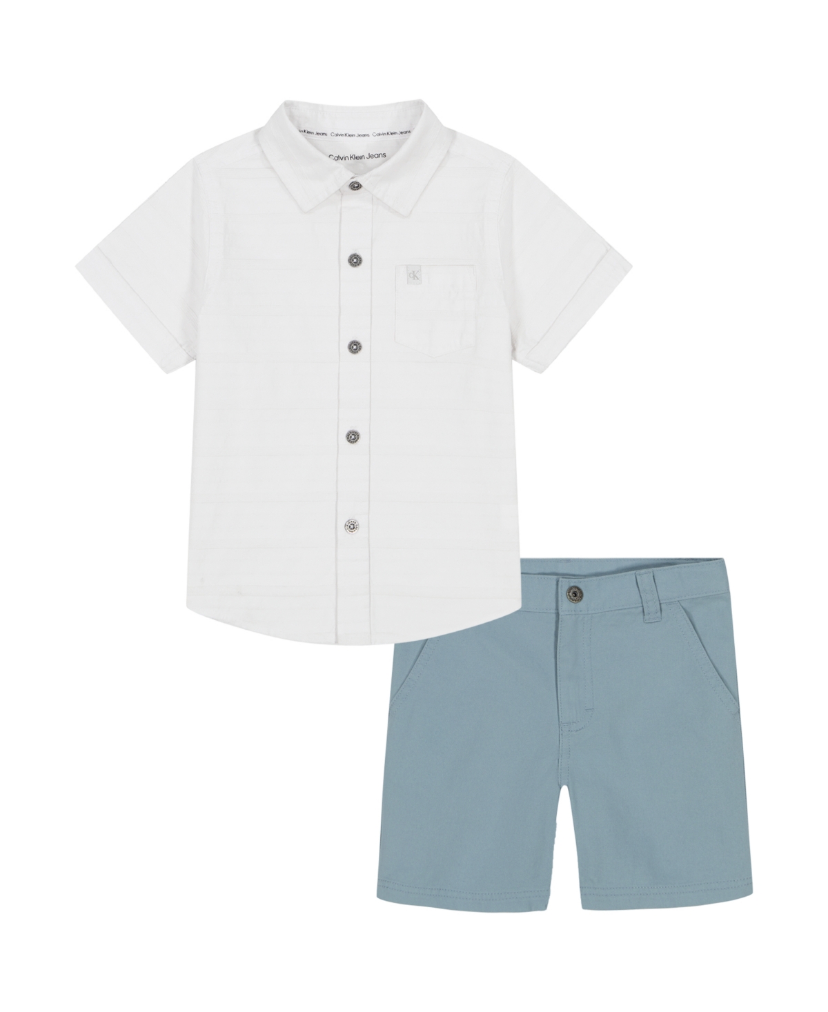 CALVIN KLEIN TODDLER AND LITTLE BOYS 2-PIECE TEXTURED DOBBY BUTTON FRONT SHIRT AND TWILL SHORTS SET 