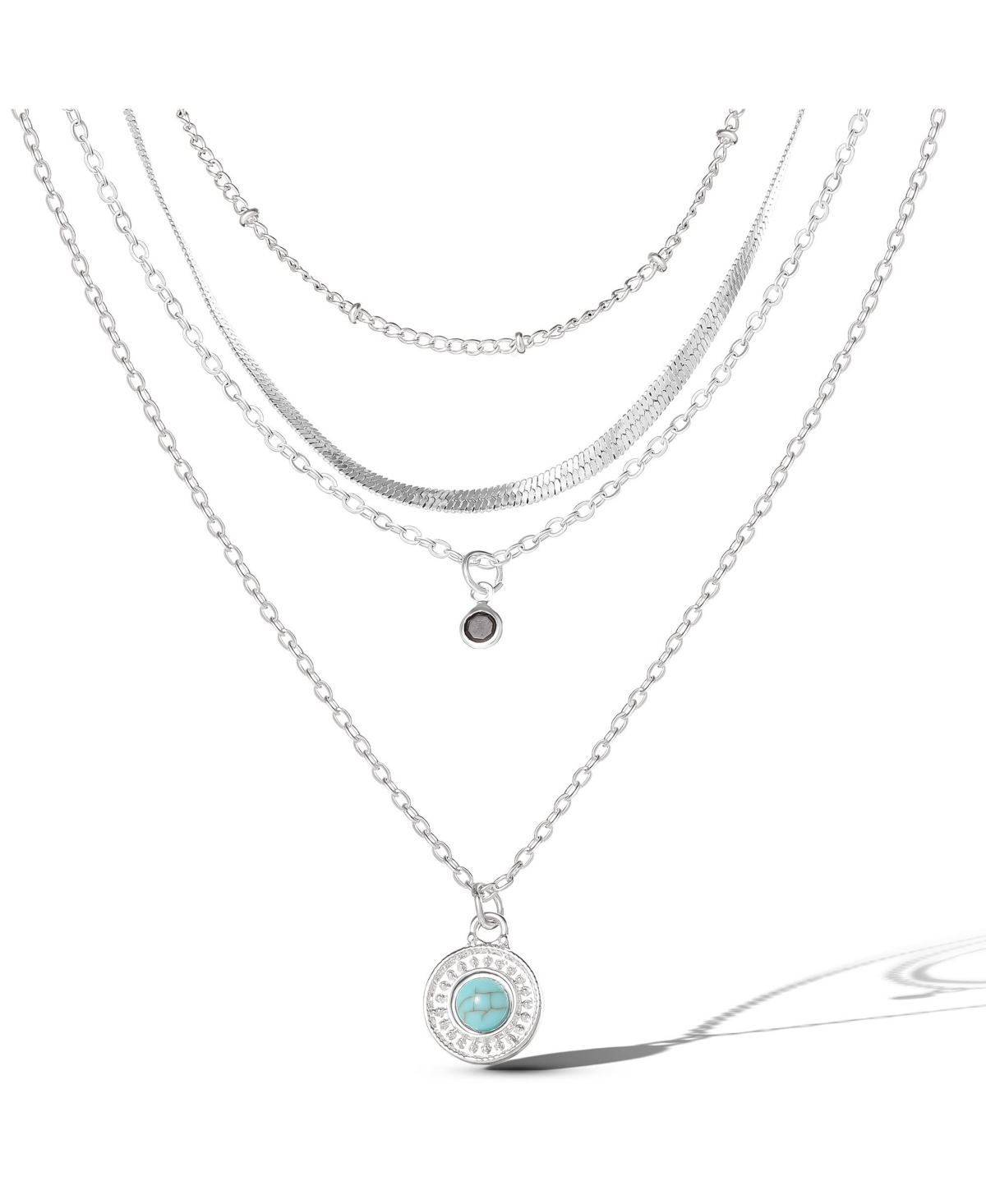 Silver-Tone Layered Necklace with Turquoise Pendant and Charm - Silver tone, blue