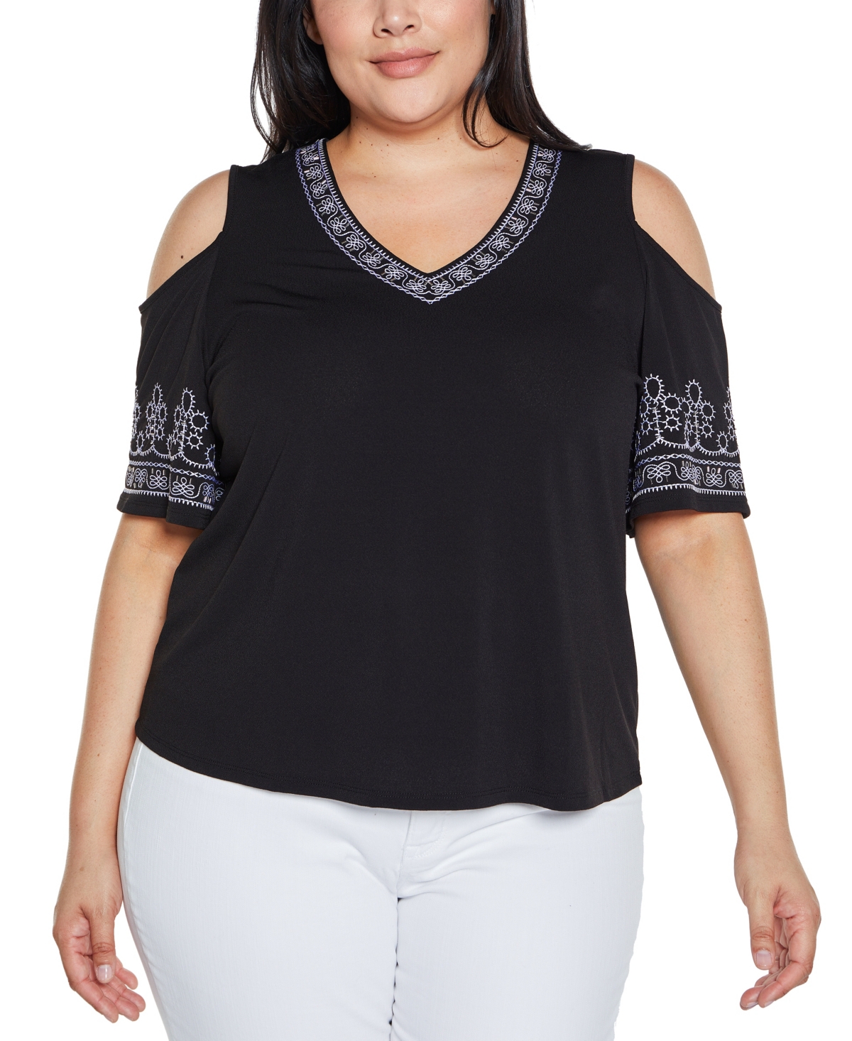 BELLDINI PLUS SIZE BLACK LABEL EMBROIDERED COLD-SHOULDER KNIT TOP 