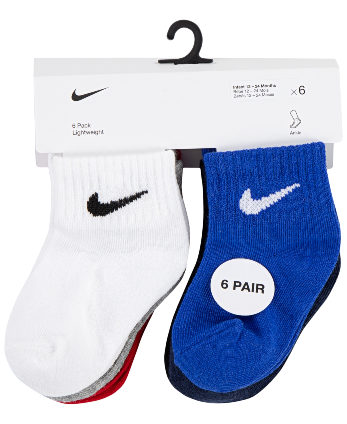 Nike Baby And Toddler Boys Or Girls Swoosh Ankle Socks, Pack Of 6 In Red Blue Multi