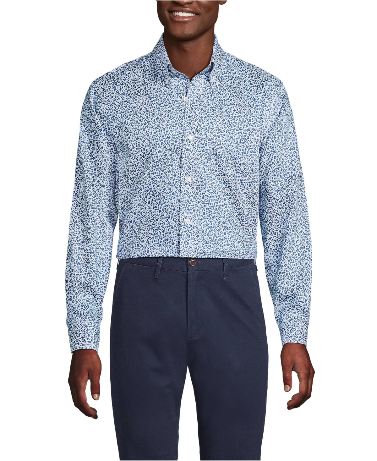 Lands' End Men's Tailored Fit No Iron Pattern Supima Cotton Pinpoint Buttondown Collar Dress Shirt - Mariner blue blooms