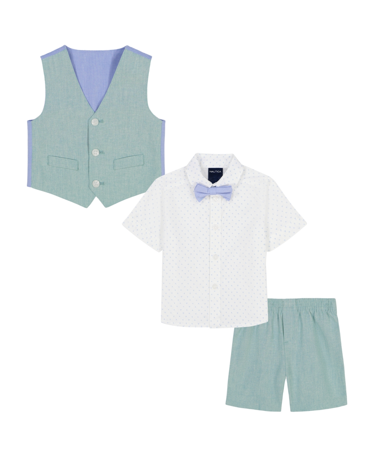 NAUTICA BABY BOYS SHIRT, BOWTIE, LINEN-LOOK VEST & SHORTS, 4 PIECE SET 
