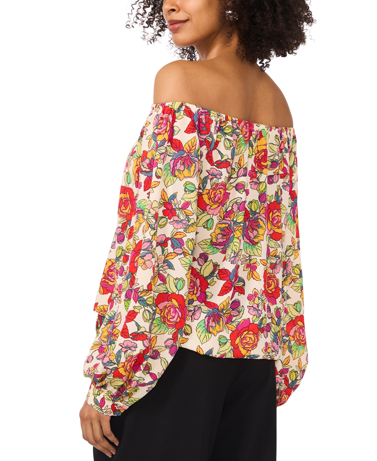 VINCE CAMUTO WOMEN'S FLORAL OFF-THE-SHOULDER LONG-SLEEVE TIE-FRONT BLOUSE 