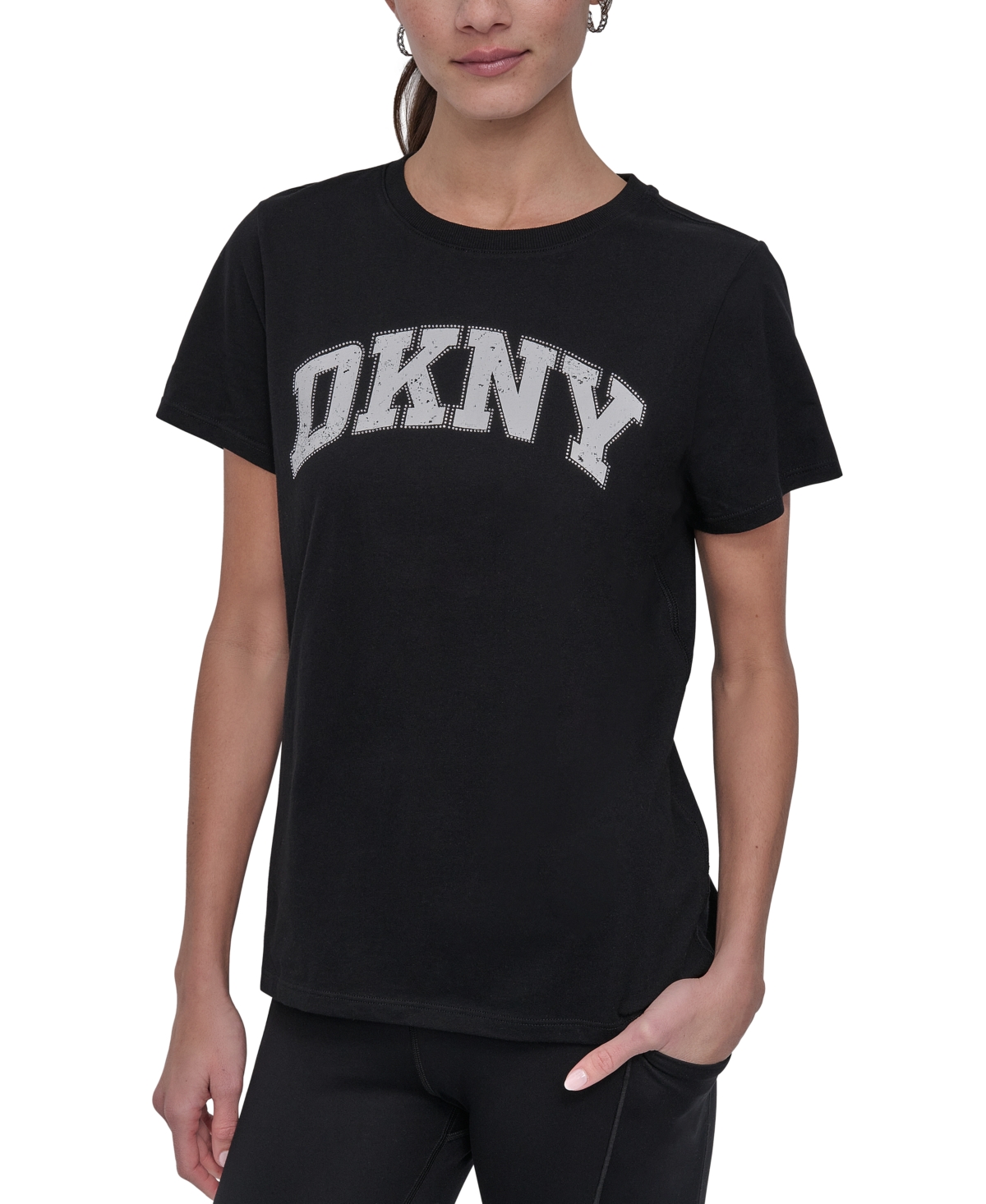 Dkny Women's Active Rhinestone-logo Distressed Crewneck Cotton T-shirt In Black,eggnog