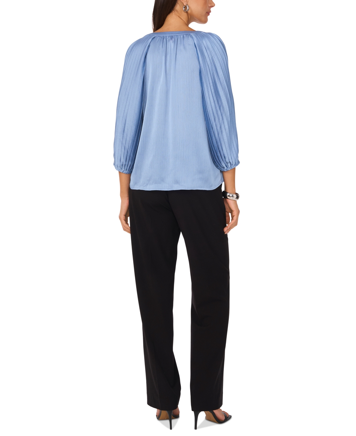 VINCE CAMUTO WOMEN'S SATIN PLEATED-SLEEVE SPLIT-NECK TOP 