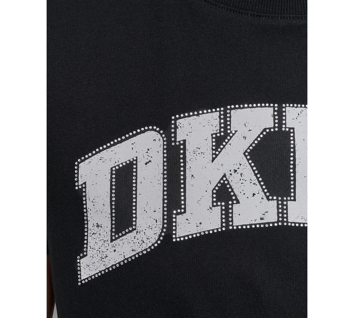 Dkny Women's Active Rhinestone-logo Distressed Crewneck Cotton T-shirt In Black,eggnog