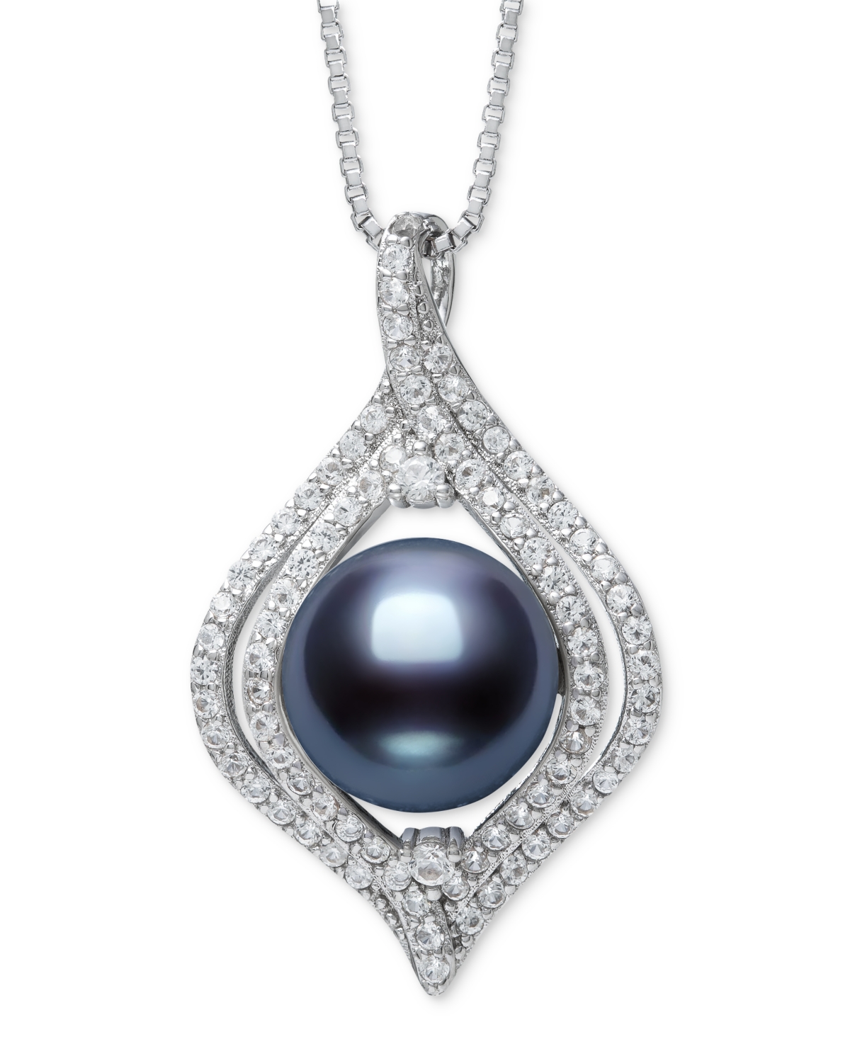Shop Belle De Mer Dyed Black Peacock Cultured Freshwater Pearl (9-10mm) & Lab Created White Sapphire (1 Ct. T.w.) Pend In Silver