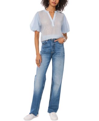 Women's Sequined Puffed-Sleeve Sheer V-Neck Top