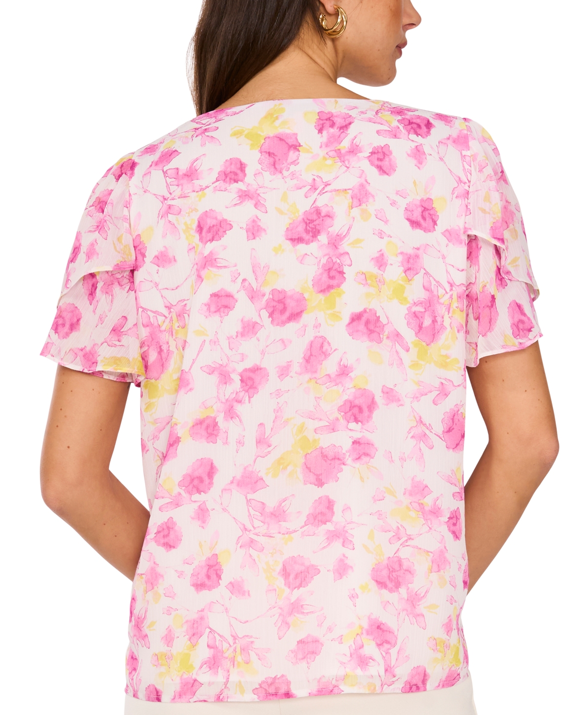 VINCE CAMUTO WOMEN'S FLORAL-PRINT V-NECK TULIP-SLEEVE TOP 