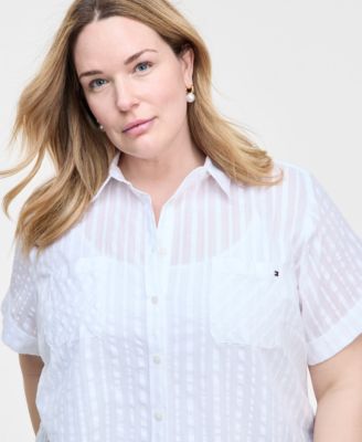 Plus Size Cotton Shadow-Striped Camp Shirt
