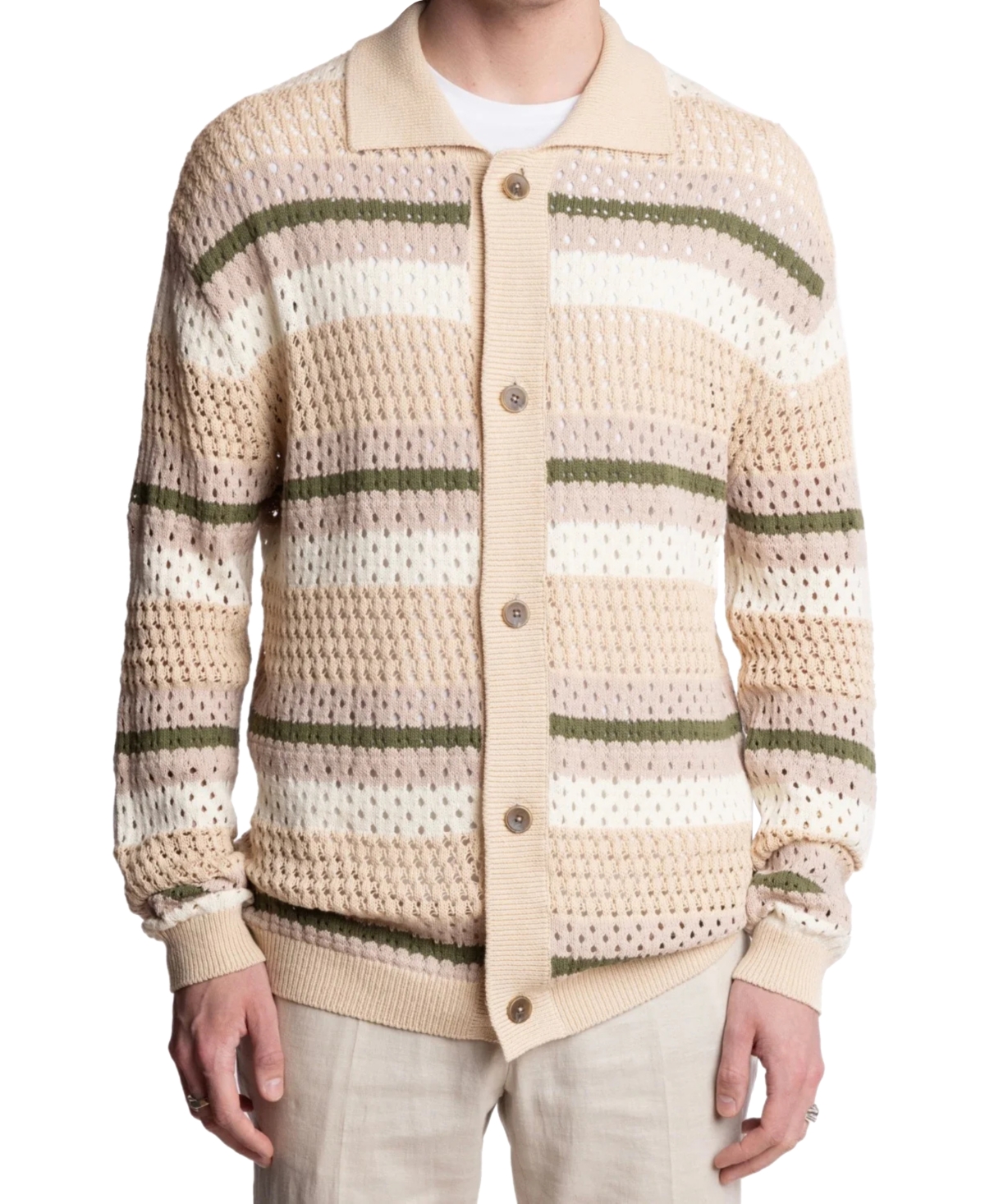 Men's Slim Fit Long Sleeve Crochet Cardigan Sweater - Natural  Olive