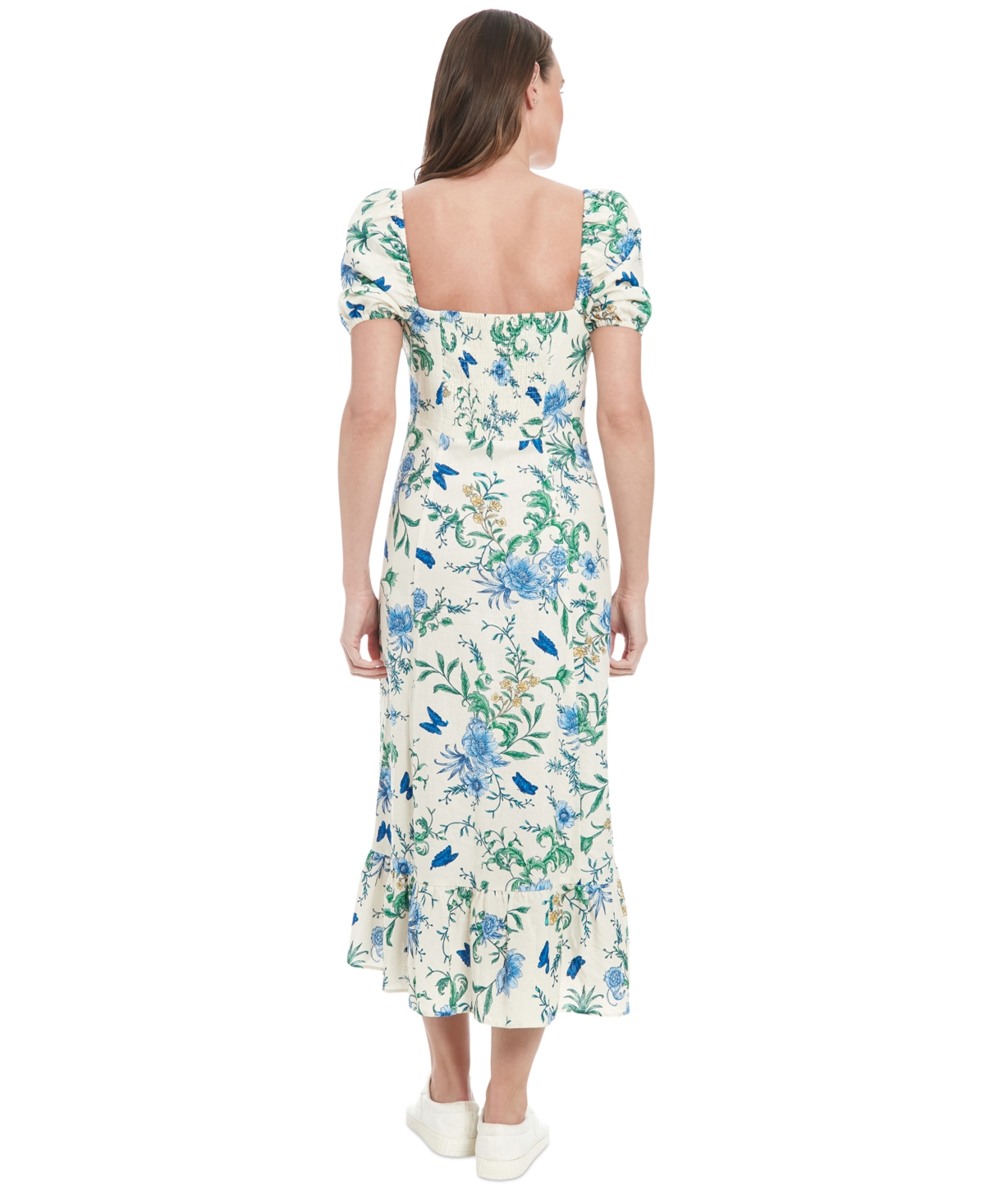 London Times Petite Linen-blend Floral-print Maxi Dress In Crmdnblu