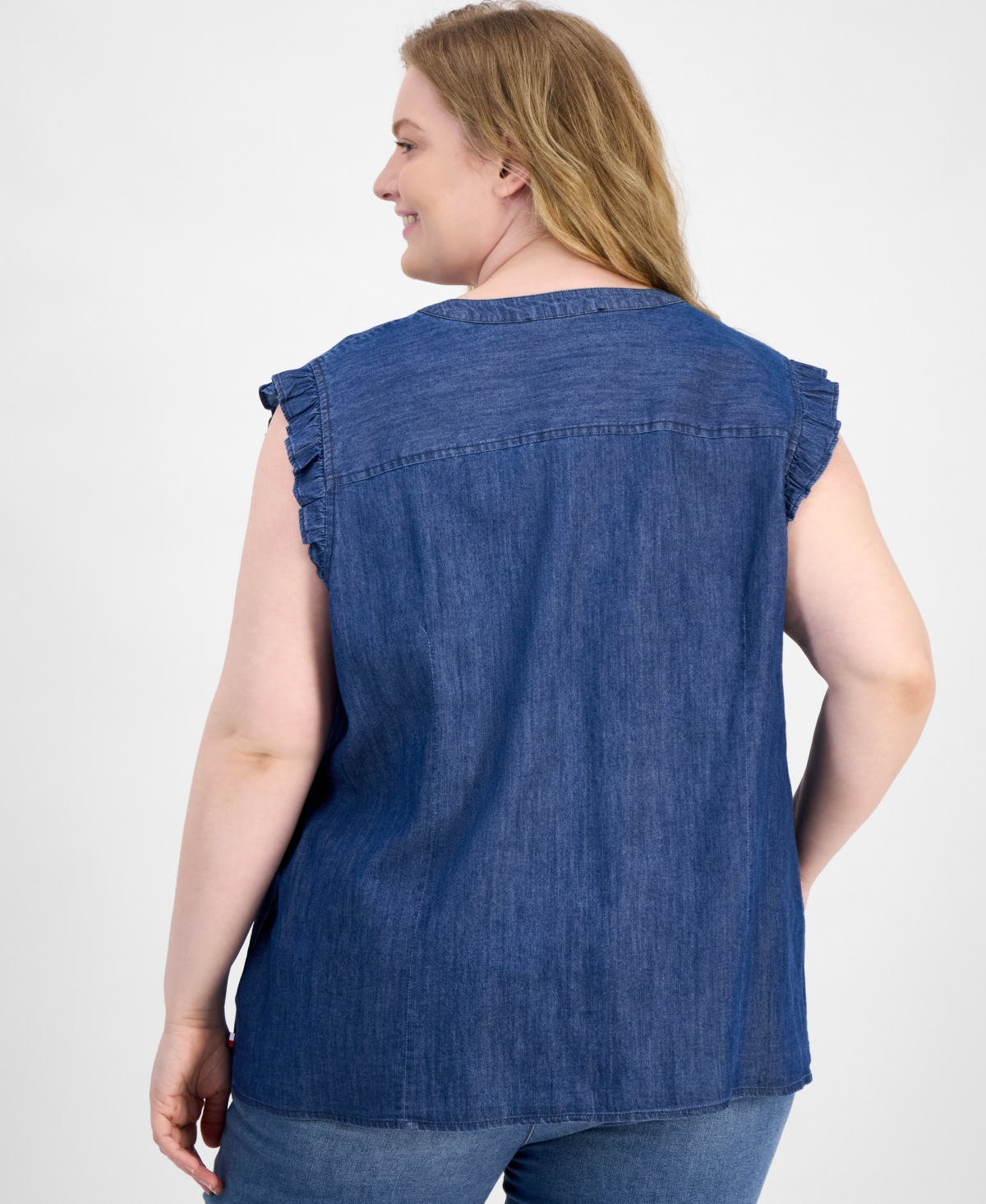 Tommy Hilfiger Plus Size Chambray Ruffle-cuff Shirt In Blue