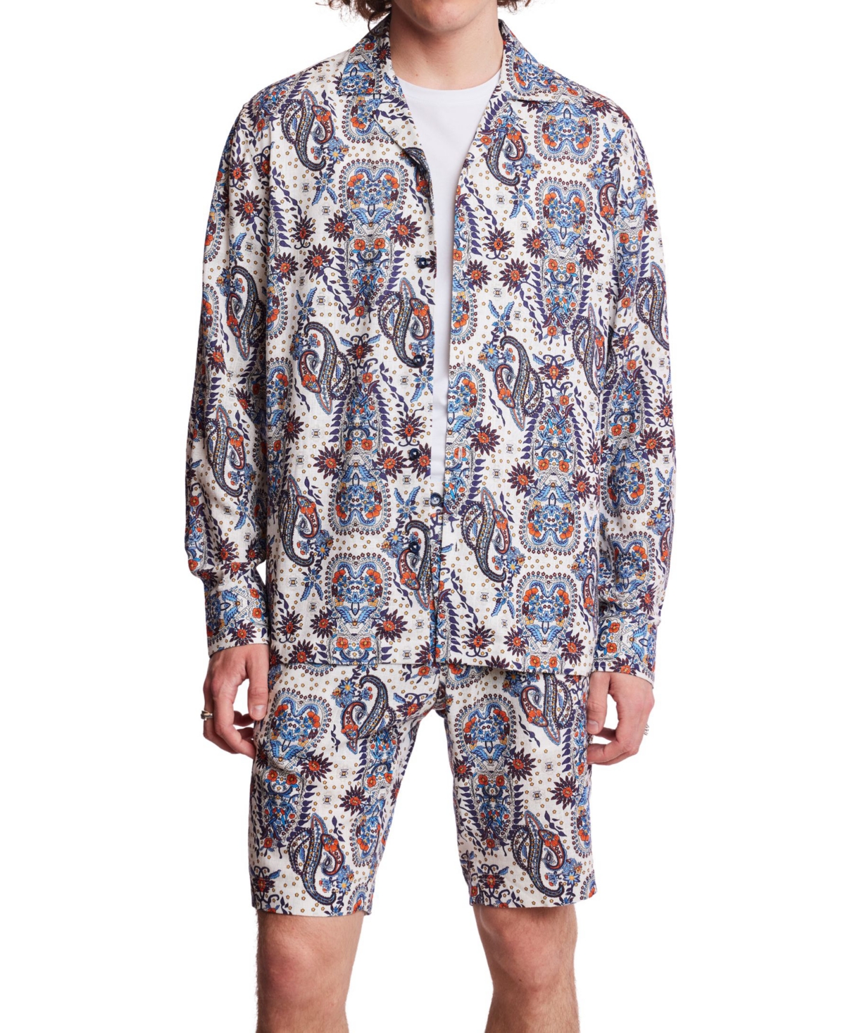 Men's Slim Fit Long Sleeve Paisley Button-Front Camp Shirt - White Blue Orange Paisley