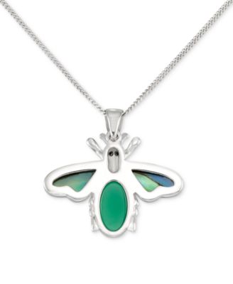 Green Agate, Abalone, & Marcasite Bee 18" Pendant Necklace in Sterling Silver