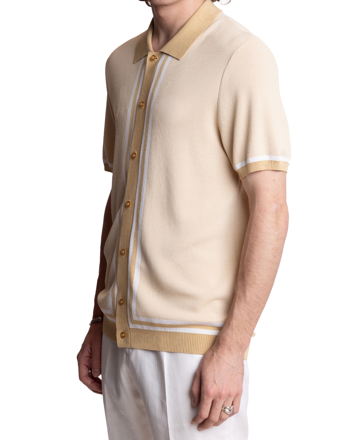 Men's Slim-Fit Sweater-Knit Button-Down Polo Shirt - Tan White