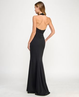 Juniors' Plunging Black Halter Gown