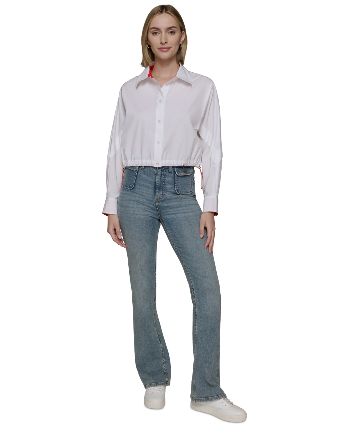 Karl Lagerfeld Women's Cotton Contrast-collar Drawcord Button-front Top In White
