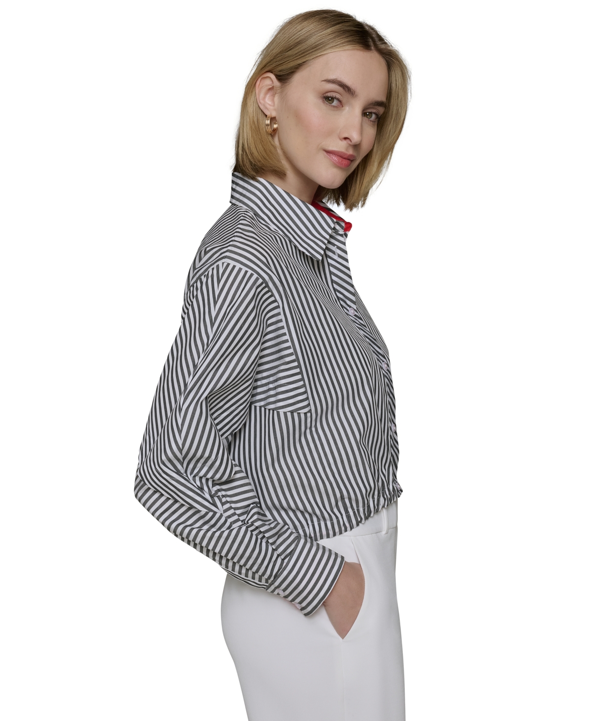 KARL LAGERFELD WOMEN'S COTTON STRIPED CONTRAST-COLLAR DRAWCORD BUTTON-FRONT TOP 