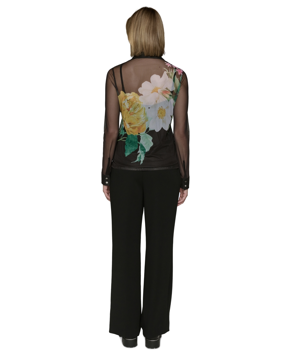Shop Karl Lagerfeld Women's Sheer Floral Knit Button-front Top In Black